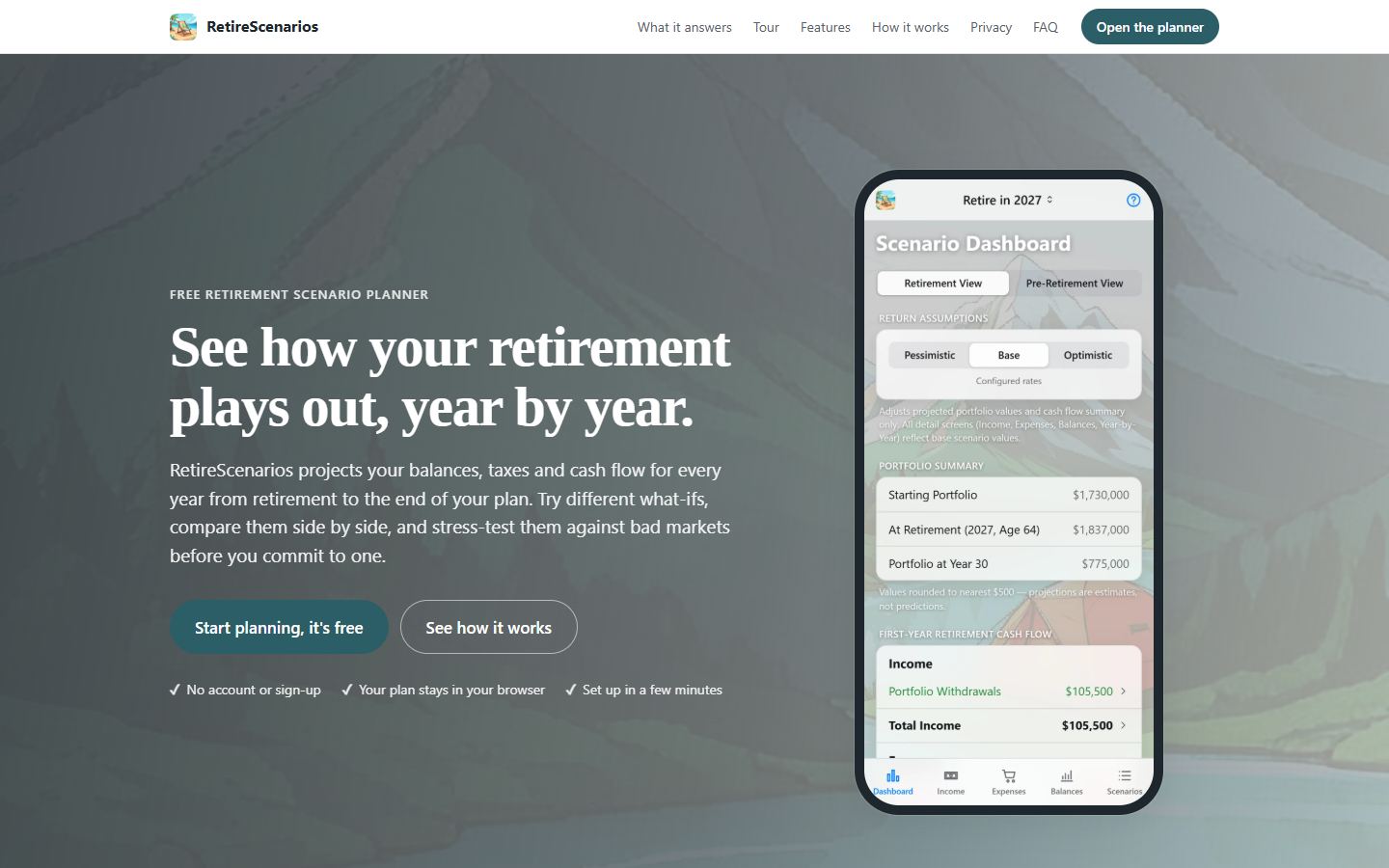 The RetireScenarios home page on the web: a retirement planner showing a scenario dashboard with portfolio value at retirement and first-year income.